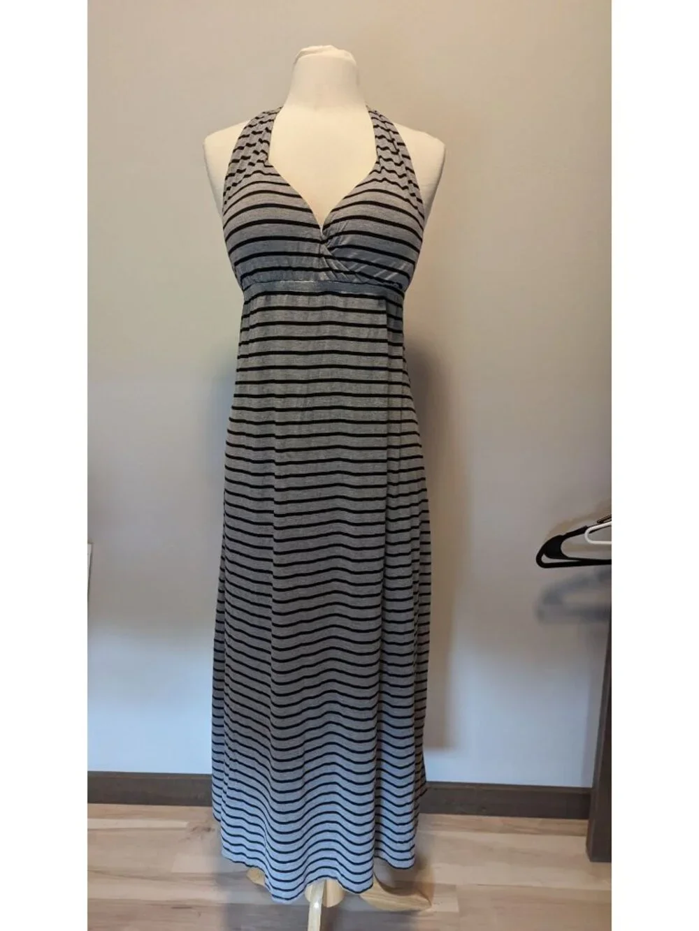 Striped Halter Maxi Dress By Suzanne Betro XL Black & Gray